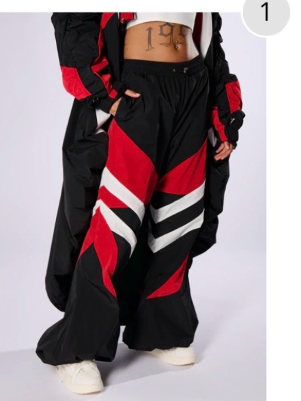 AKIRA Black Track Pants with Red & White Chevron Panels